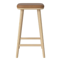 Wooden bar stool with a natural finish and a tan leather seat, featuring a simple, modern design.