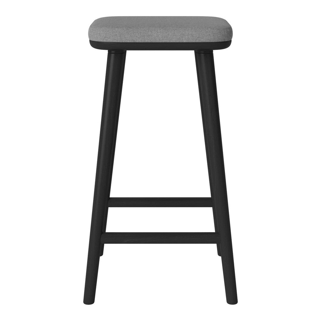 Gray upholstered stool with a sleek black frame, perfect for modern decor.