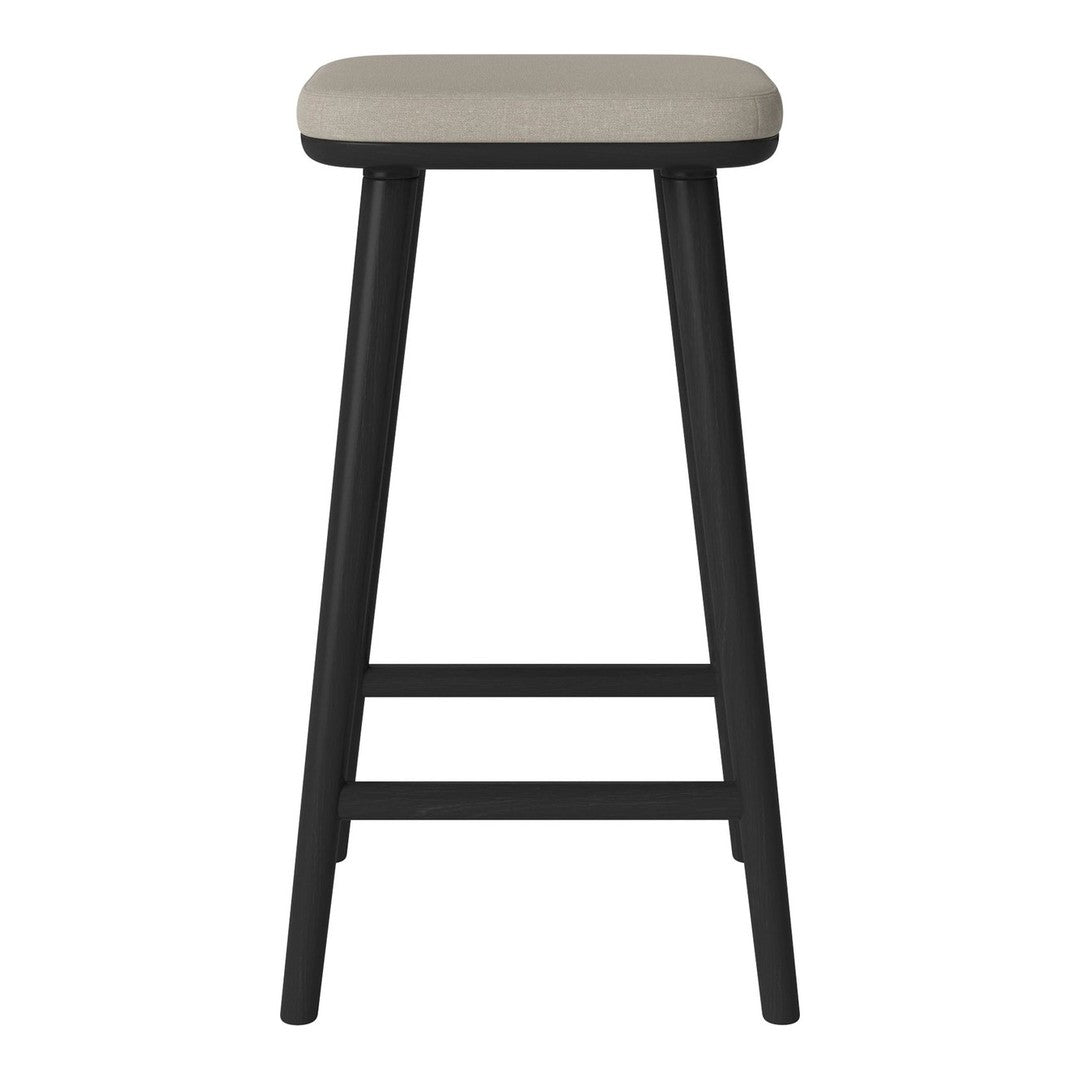 Black wooden bar stool with a light gray padded seat, simple and modern design.