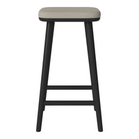 Black wooden bar stool with a light gray padded seat, simple and modern design.