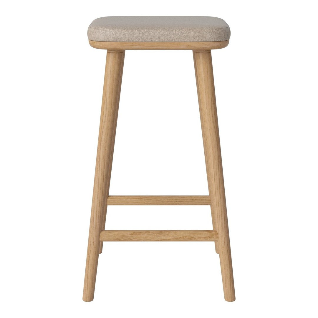 Light beige padded seat with natural wood legs, featuring a simple, modern design.
