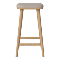 Light beige padded seat with natural wood legs, featuring a simple, modern design.