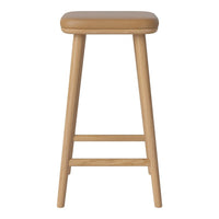 Light wooden bar stool with a smooth tan leather seat, featuring a minimalist design and natural finish.