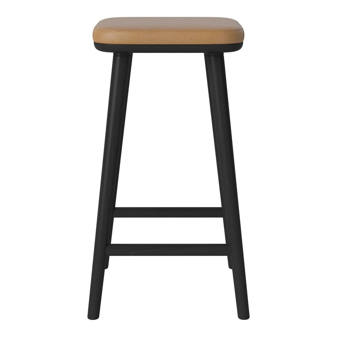 Black wooden bar stool with a smooth tan leather seat. Simple, modern design with clean lines.