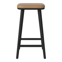 Black wooden bar stool with a smooth tan leather seat. Simple, modern design with clean lines.