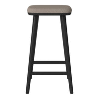 Beige upholstered seat with a textured pattern on a sleek black wooden frame. Ideal for modern decor.