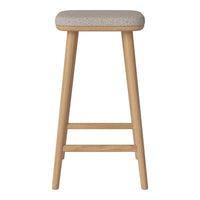 Natural wood bar stool with a light gray textured fabric seat, blending modern simplicity and warmth.