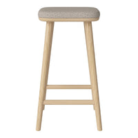 Light wood bar stool with a textured gray upholstered seat, featuring a simple, modern design.