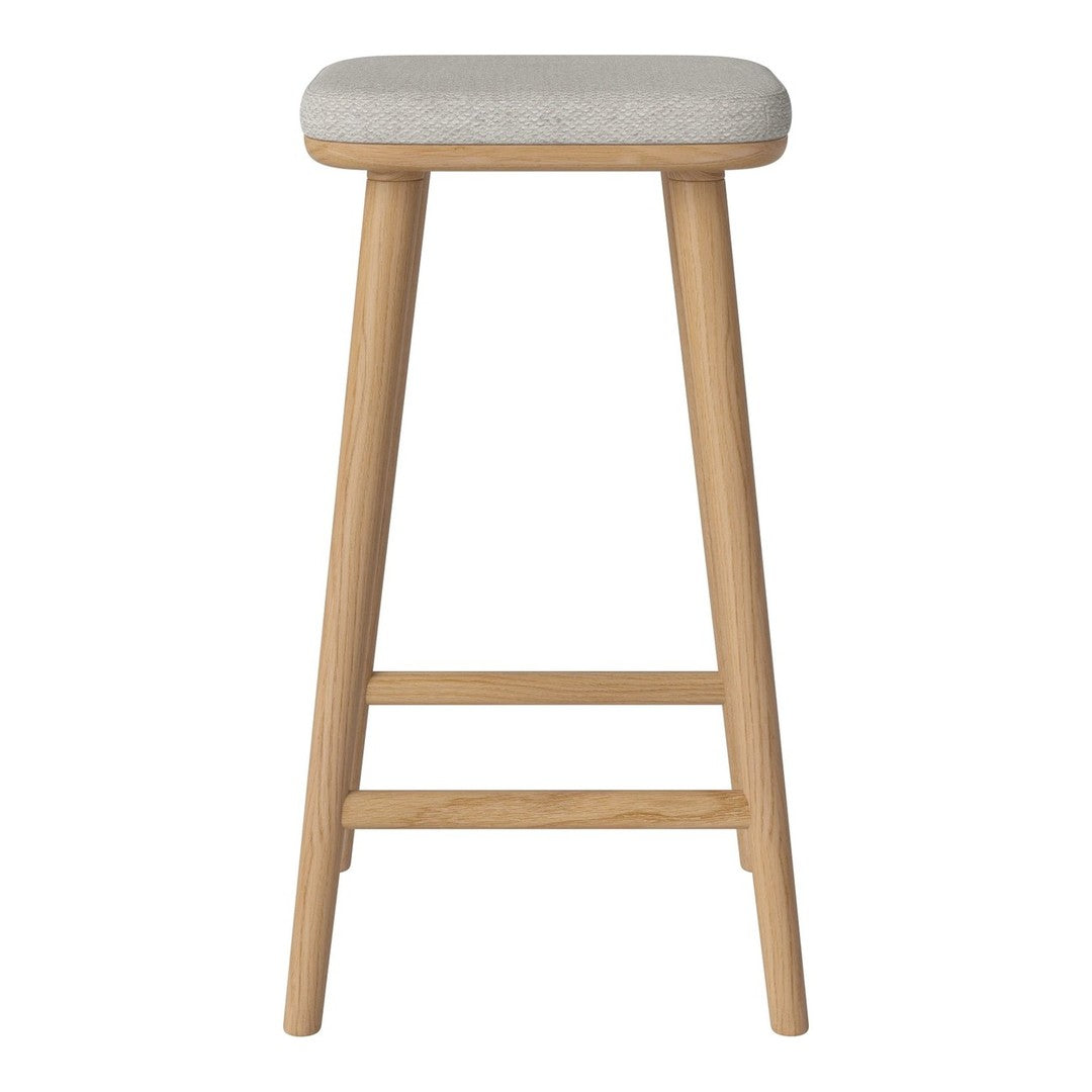 Light grey upholstered bar stool with natural wood legs, featuring a simple, modern design. Perfect for contemporary spaces.