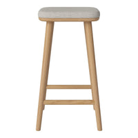 Light grey upholstered bar stool with natural wood legs, featuring a simple, modern design. Perfect for contemporary spaces.