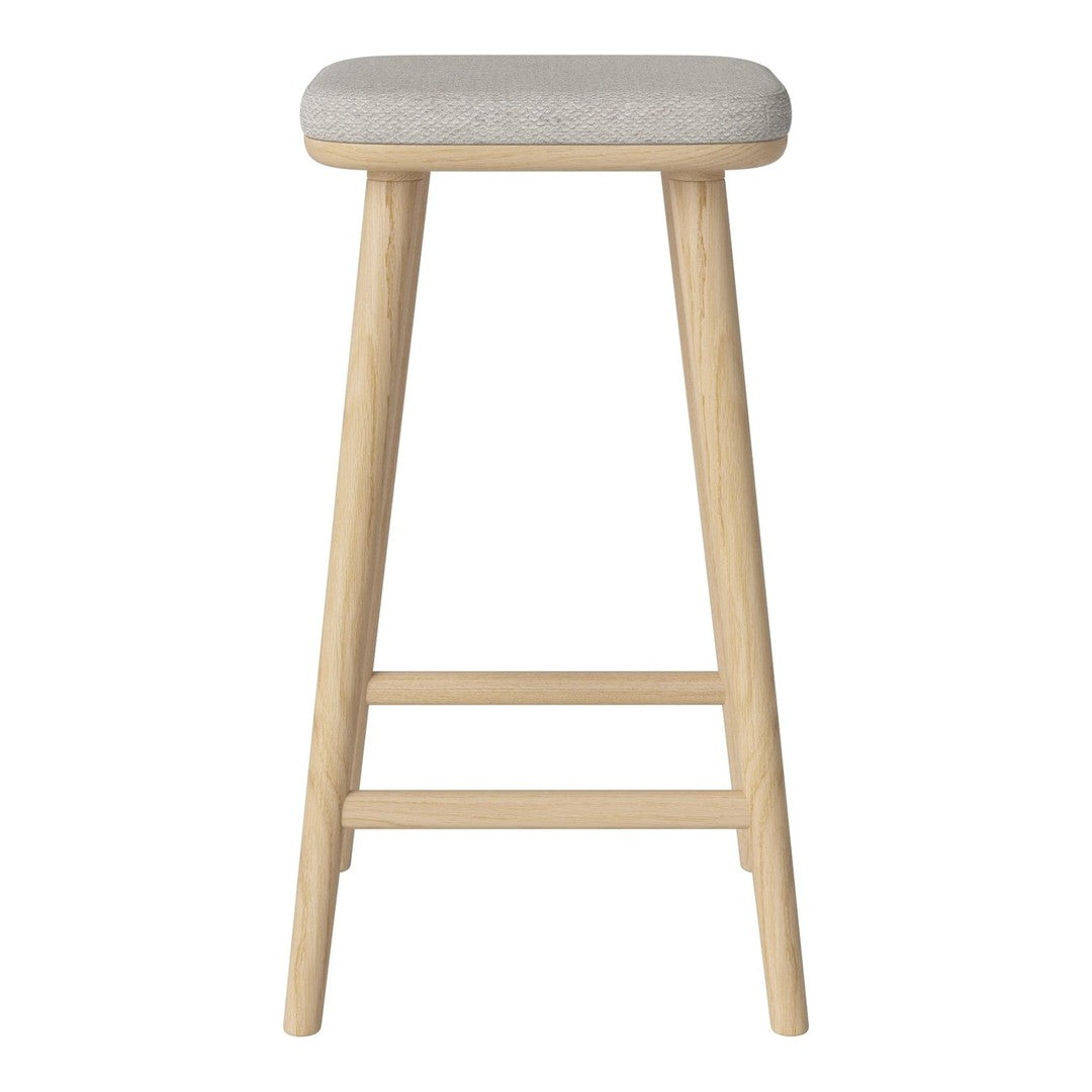 Light wood bar stool with a soft gray upholstered seat, featuring a minimalist design and smooth, natural finish.