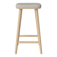 Light wood bar stool with a soft gray upholstered seat, featuring a minimalist design and smooth, natural finish.