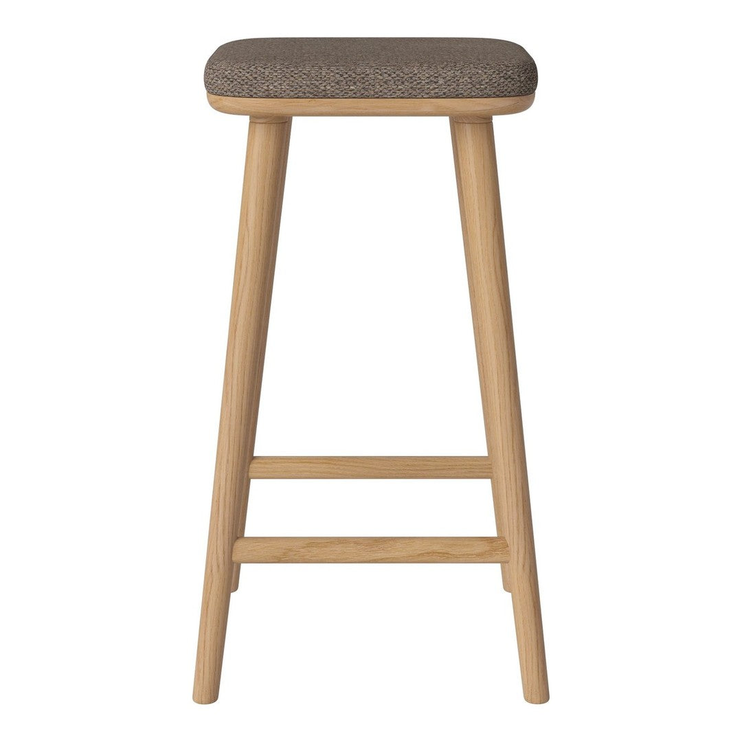 Light wood bar stool with a textured grey fabric seat, featuring a minimalist design and natural tones.