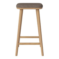 Light wood bar stool with a textured grey fabric seat, featuring a minimalist design and natural tones.