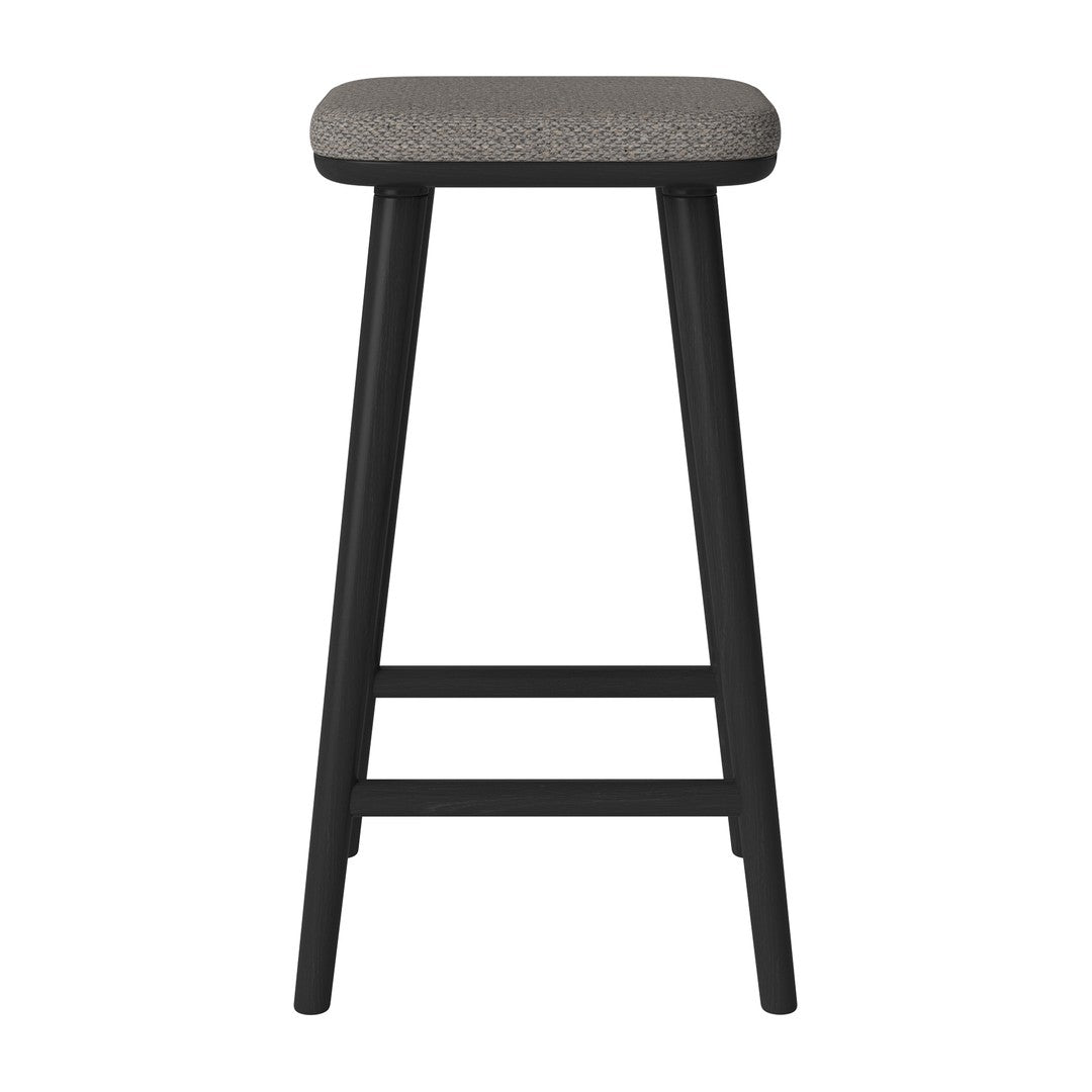 Modern black bar stool with a sleek gray patterned seat, perfect for contemporary decor.