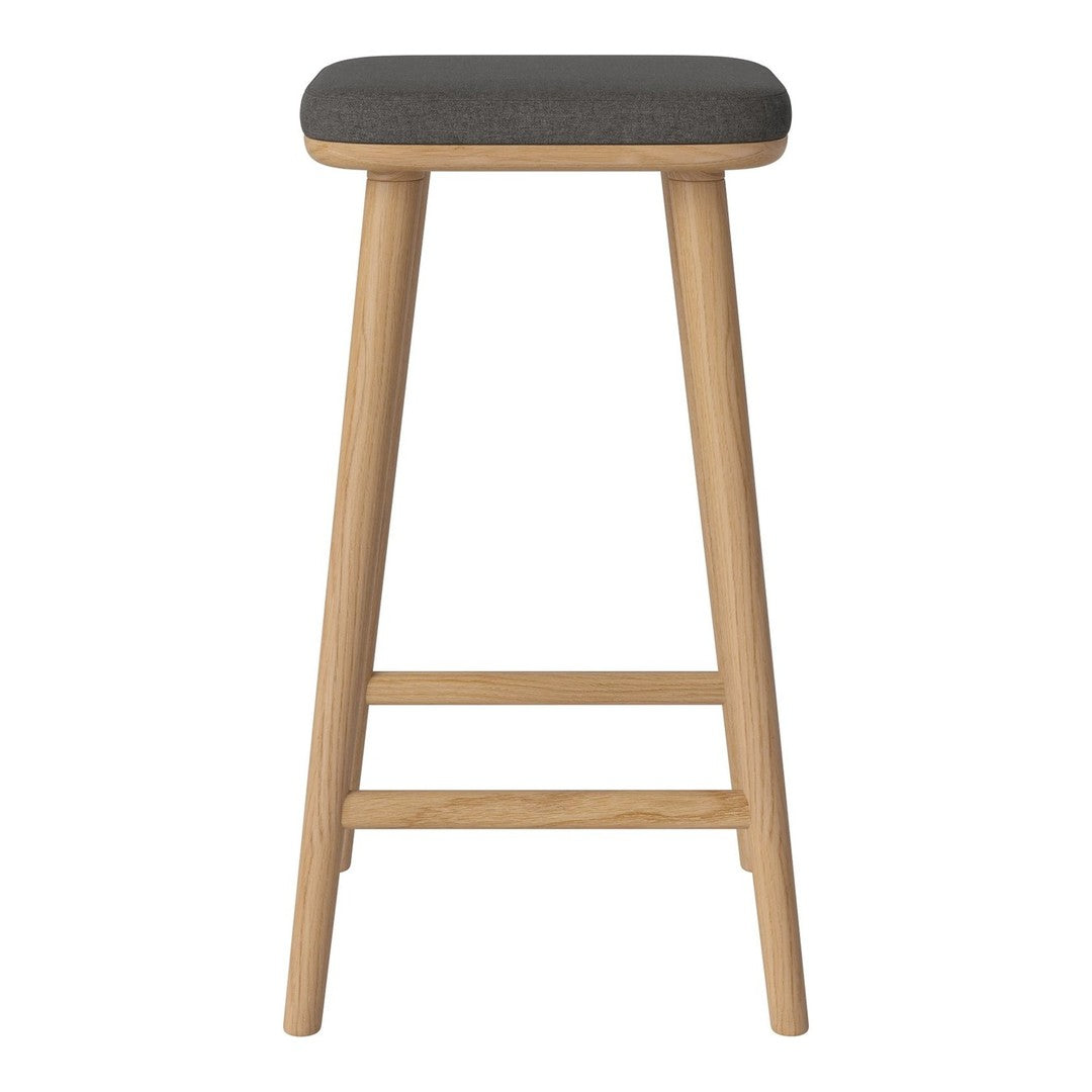 Gray upholstered seat on natural wood legs, featuring clean lines and a minimalist design. Ideal for modern decor.