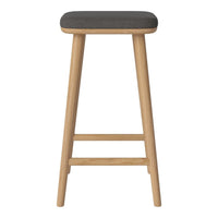 Gray upholstered seat on natural wood legs, featuring clean lines and a minimalist design. Ideal for modern decor.