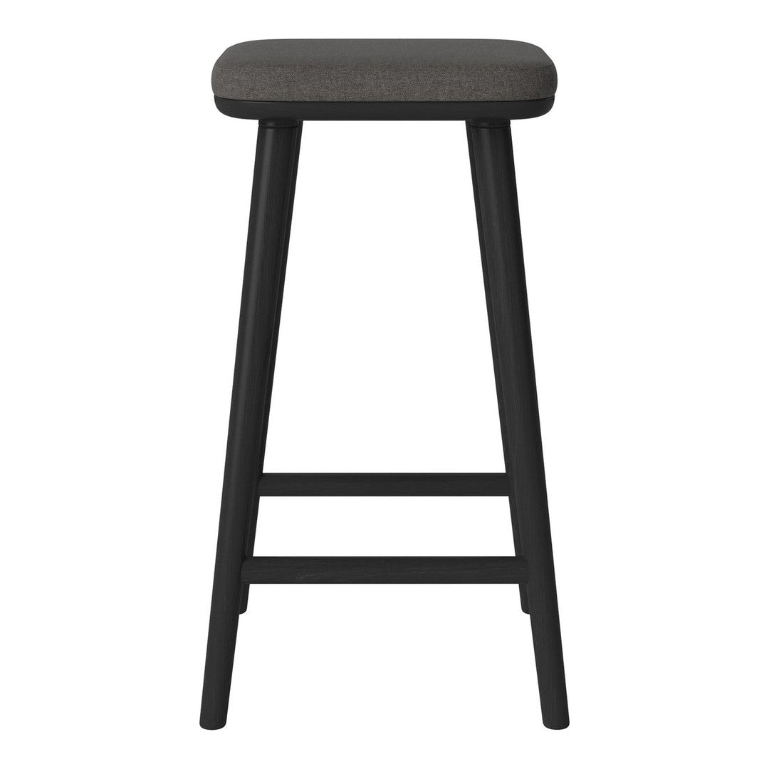 Stylish black bar stool with a sleek gray wood seat and clean lines, perfect for modern interiors.