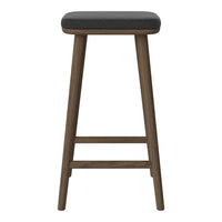 "Minimalist black padded stool with a sleek brown wooden base, showcasing a modern and elegant design."
