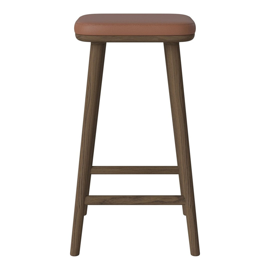 Brown wooden bar stool with a smooth, tan padded seat. Simple, modern design. No intricate patterns.
