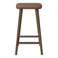 Brown wooden bar stool with a smooth, tan padded seat. Simple, modern design. No intricate patterns.