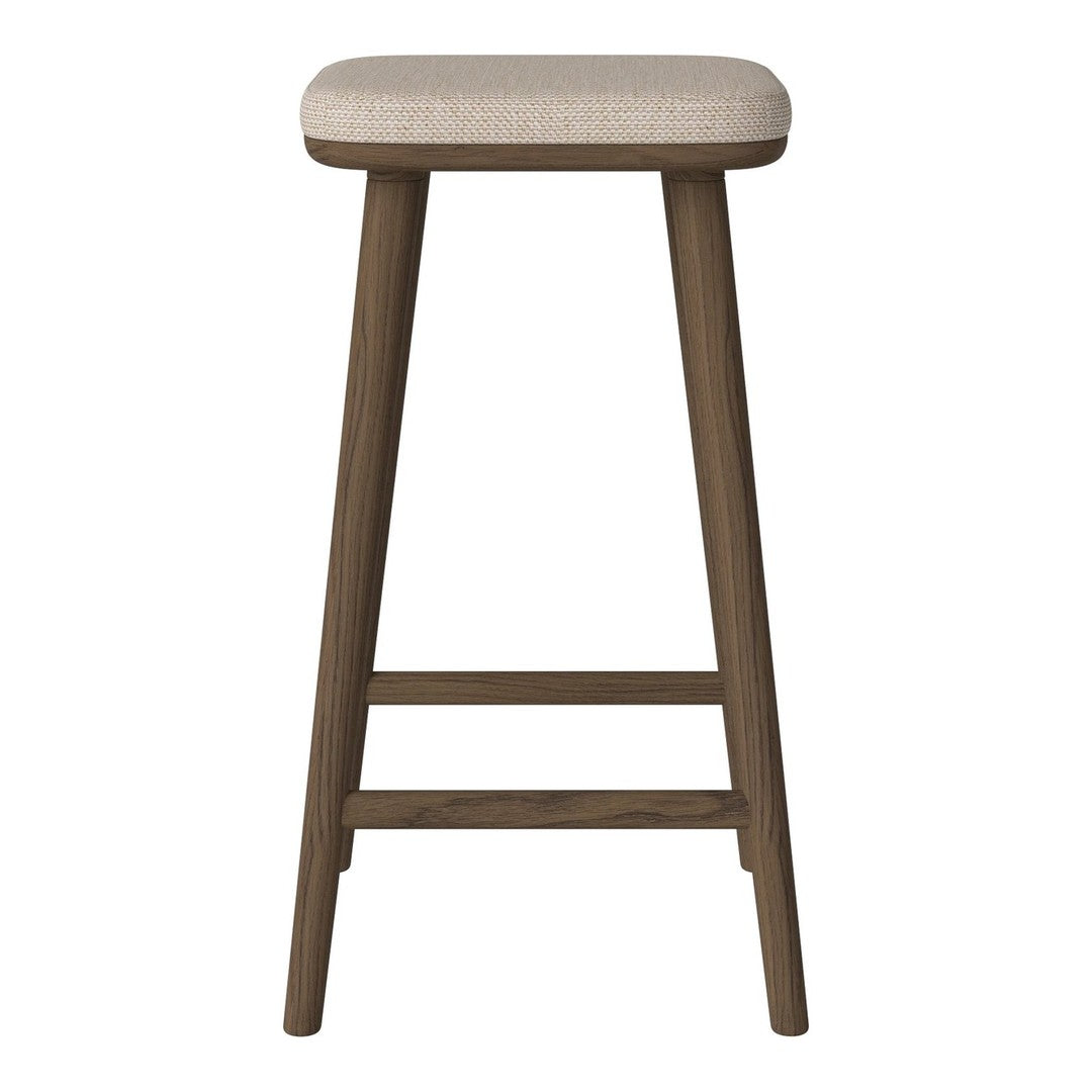 Beige upholstered stool with a dark brown wooden frame, featuring clean lines and minimalist design.