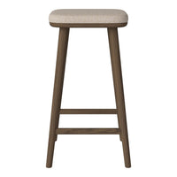 Beige upholstered stool with a dark brown wooden frame, featuring clean lines and minimalist design.