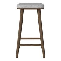 Gray upholstered seat on a warm brown wooden frame, featuring clean lines and a minimalist design.