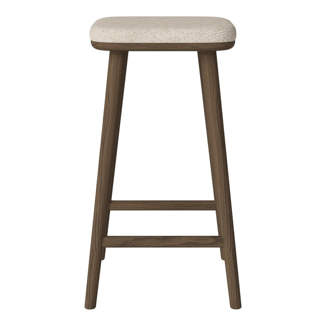 Beige upholstered bar stool with a smooth, neutral fabric topped on a rich brown wooden frame.