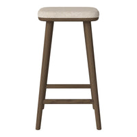 Beige upholstered bar stool with a smooth, neutral fabric topped on a rich brown wooden frame.