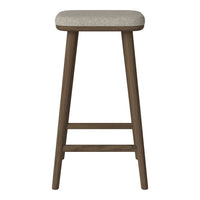 Light grey upholstered seat on a dark wood frame, showcasing a modern and minimalist design.