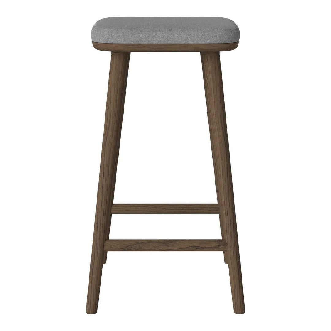 Grey upholstered stool with a natural wood base, featuring a minimalist design and clean lines. Perfect for modern decor.