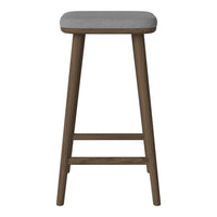 Grey upholstered stool with a natural wood base, featuring a minimalist design and clean lines. Perfect for modern decor.