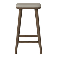 Beige upholstered stool with a rich brown wooden frame, featuring a minimalist design and sleek lines.