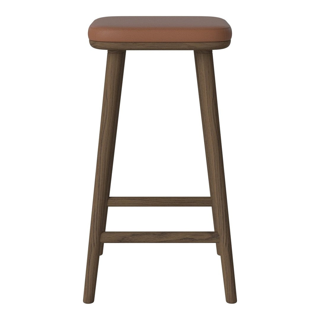 Brown wooden bar stool with a tan cushioned top, featuring a simple and sleek design.