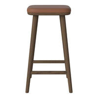 Brown wooden bar stool with a tan cushioned top, featuring a simple and sleek design.
