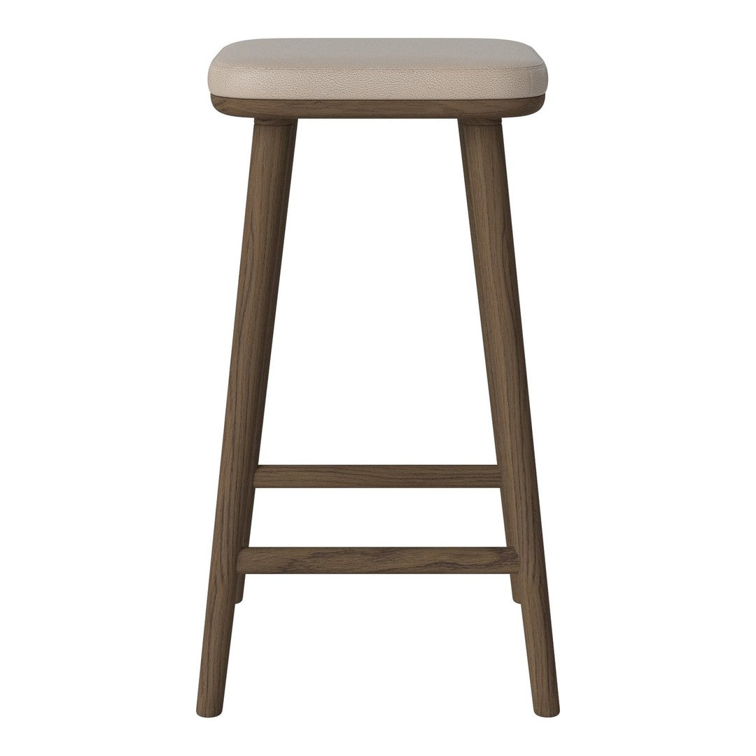 Beige padded seat with a dark wood frame. Simple and modern design, perfect for any contemporary kitchen or bar.
