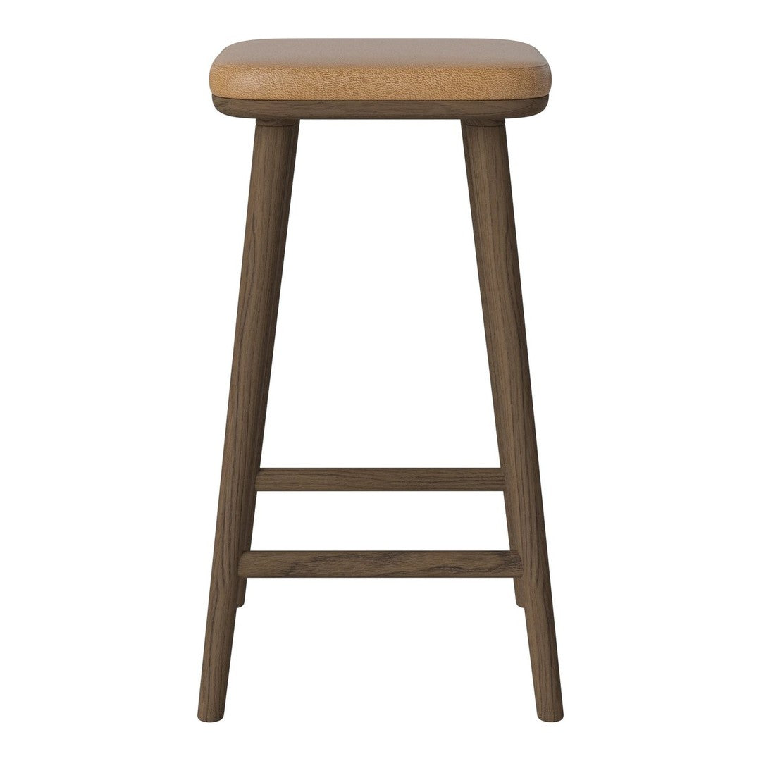 Tan upholstered seat on a dark wooden stool, showcasing a sleek, minimalist design.