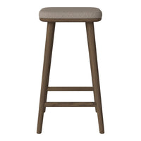 Light beige upholstered stool with dark wooden legs, featuring a simple, modern design and smooth finish.