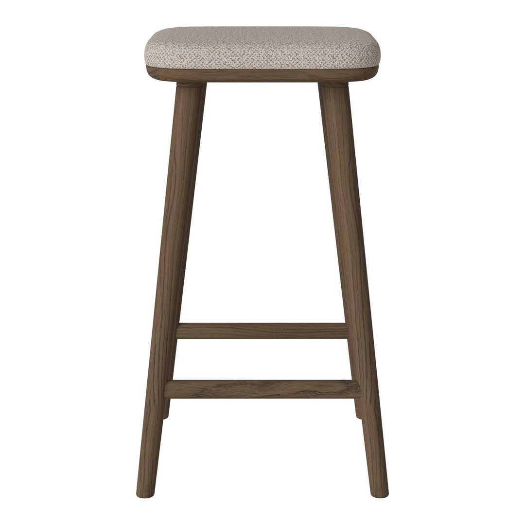 Neutral beige cushioned seat with a textured pattern, paired with a dark wood frame in a minimalist design.