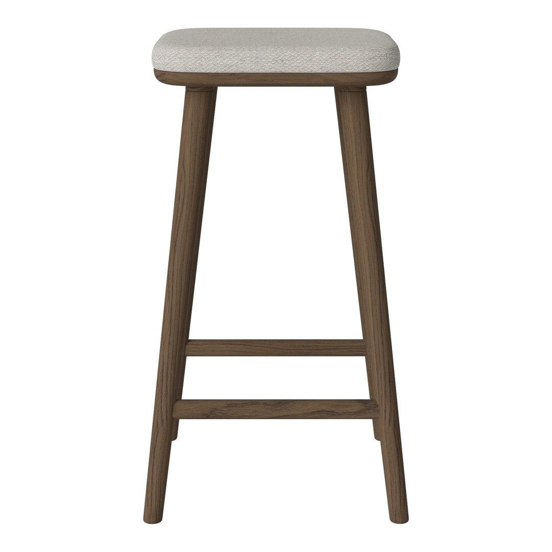 Wooden bar stool with a natural finish and a light beige upholstered seat. Simple, minimalist design.