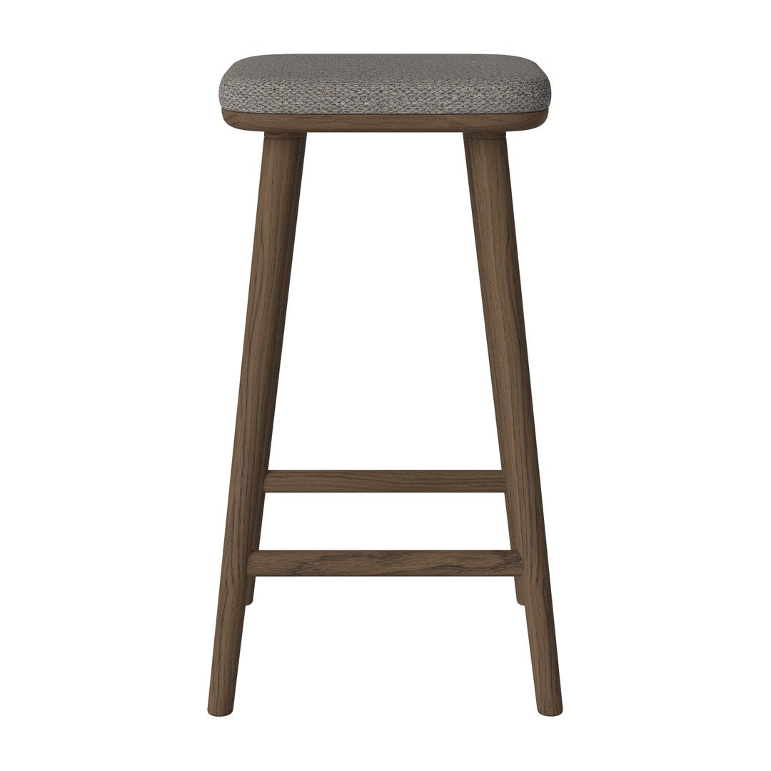 Gray upholstered bar stool with natural wood legs, featuring a minimalist design and subtle texture.