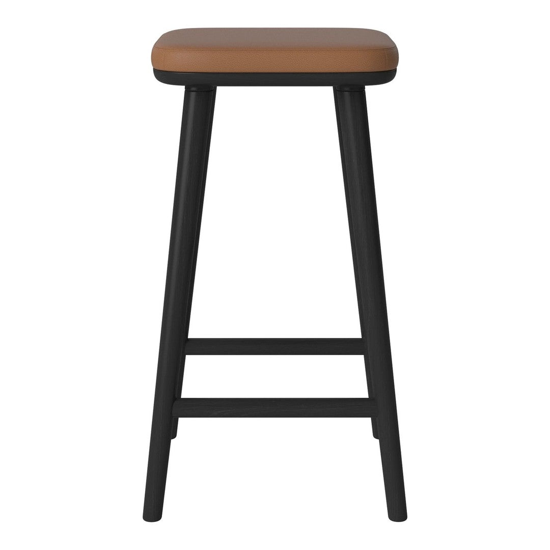 Black wooden bar stool with a smooth brown seat, featuring a minimalist design and clean lines.