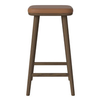 Brown wooden stool with a smooth tan leather seat, featuring a minimalist design and no visible patterns.