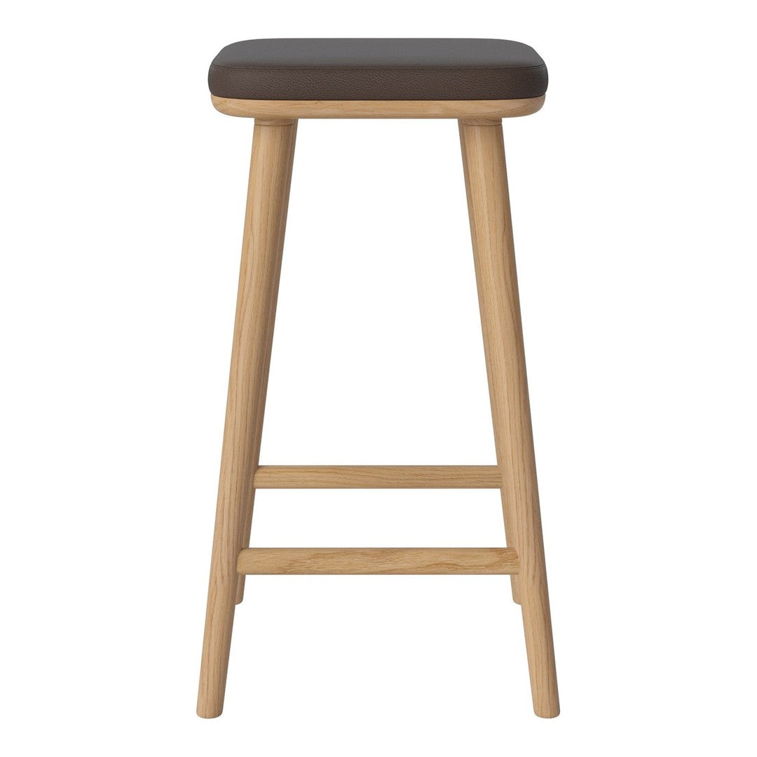 Modern wooden bar stool with a dark brown seat and natural light wood legs, showcasing a sleek, minimalist design.
