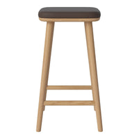 Modern wooden bar stool with a dark brown seat and natural light wood legs, showcasing a sleek, minimalist design.