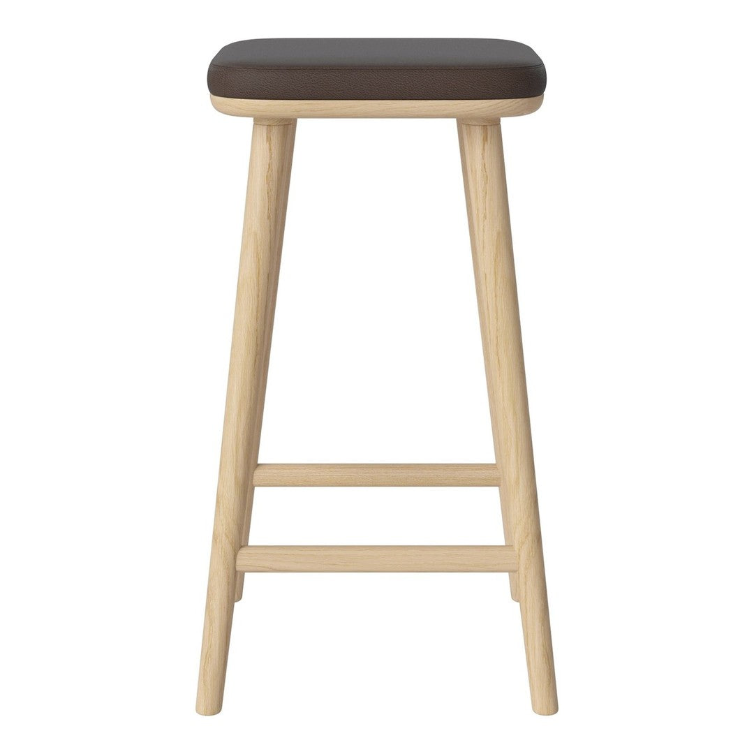 Wooden bar stool featuring a light natural wood frame and a dark brown seat, showcasing a simple, modern design.