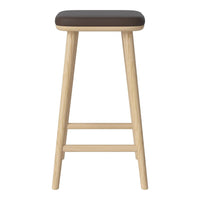 Wooden bar stool featuring a light natural wood frame and a dark brown seat, showcasing a simple, modern design.