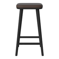 Brown wooden seat with black metal legs, featuring a minimalist design. Ideal for modern bar or kitchen decor.