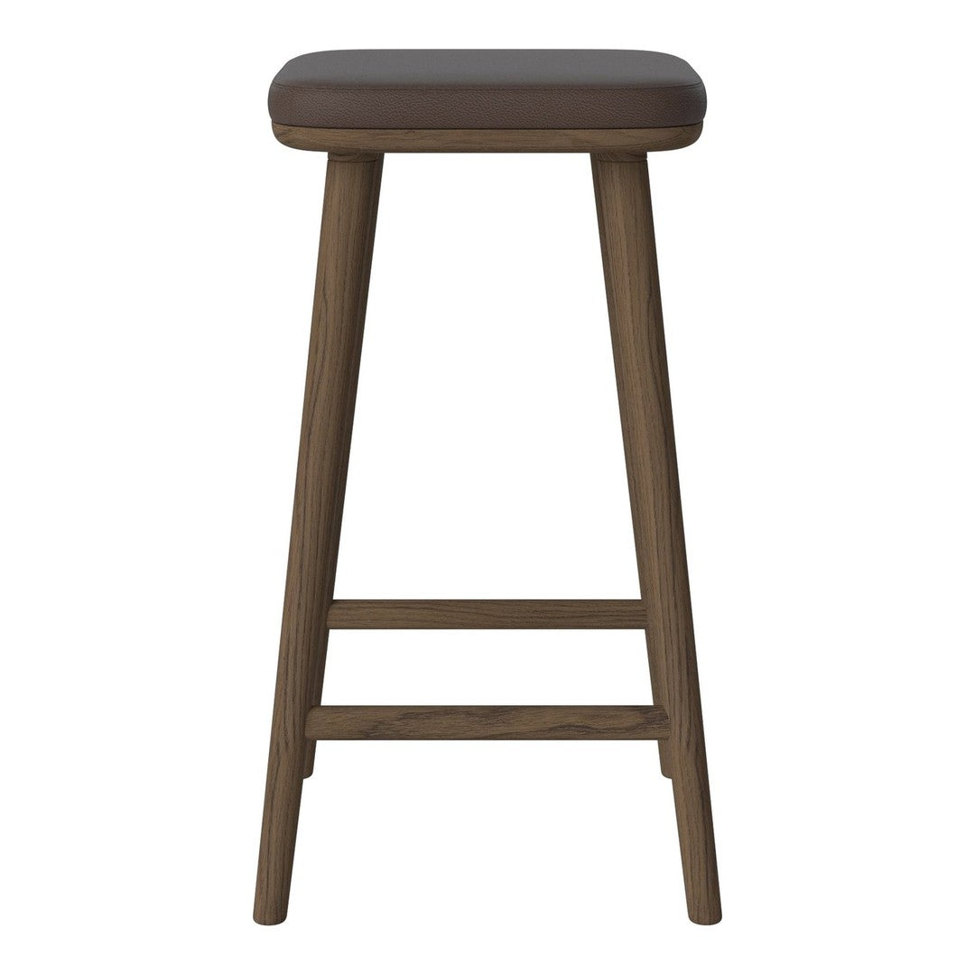 Brown wooden bar stool with a smooth, dark seat and simple design. Perfect for modern or rustic decor.